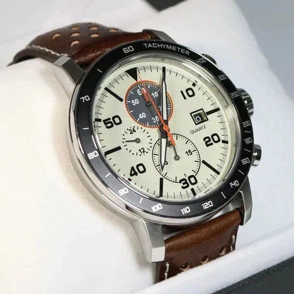 Multifunktionale Herren-Quarzuhr mit Lederarmband